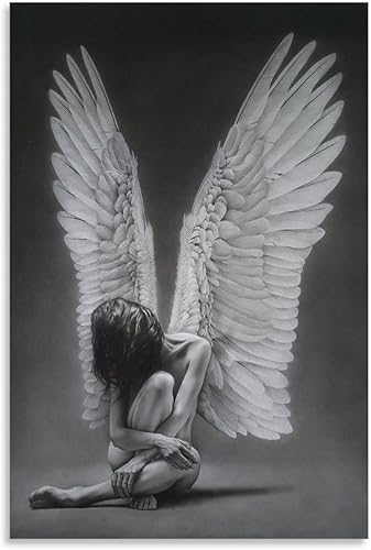 Rucatto Pintura de alas de ángel en blanco y negro, arte abstracto, póster femenino en blanco y negro, pinturas de arte de pared, lienzo, decoración