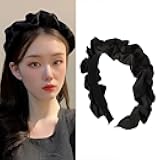 ShiQiao Spl Black Satin Pleated Headbands for Women Cloth Ruched Headband Elastic Ruffled Fabric Hairband Hairbands for Girls Fashion French Wide Head Hair Band Hoop for Women Girls