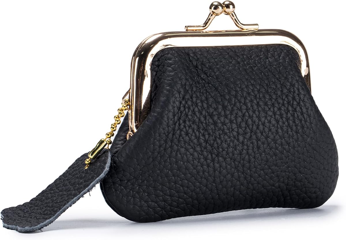 Mini monedero de cuero genuino – Cartera pequeña vintage con cierre de beso para mujer – Porta cambio portátil para dinero en efectivo, monedas, auriculares, llaves, lápiz labial – Gran regalo para ella (negro, A)