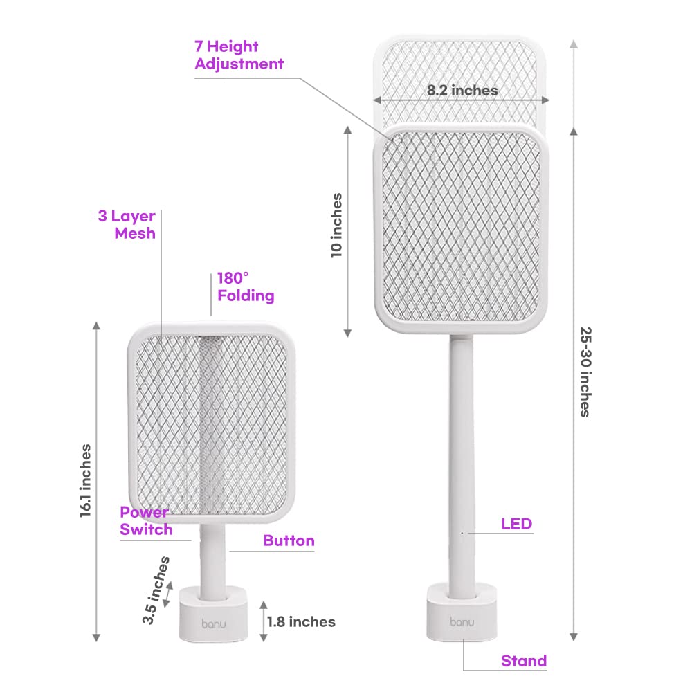BANU - Raqueta eléctrica plegable en ángulo de 180 grados, ideal para matamoscas 2 en 1, lámpara recargable de 1200 mAh con 3 capas de malla de seguridad para interiores y exteriores