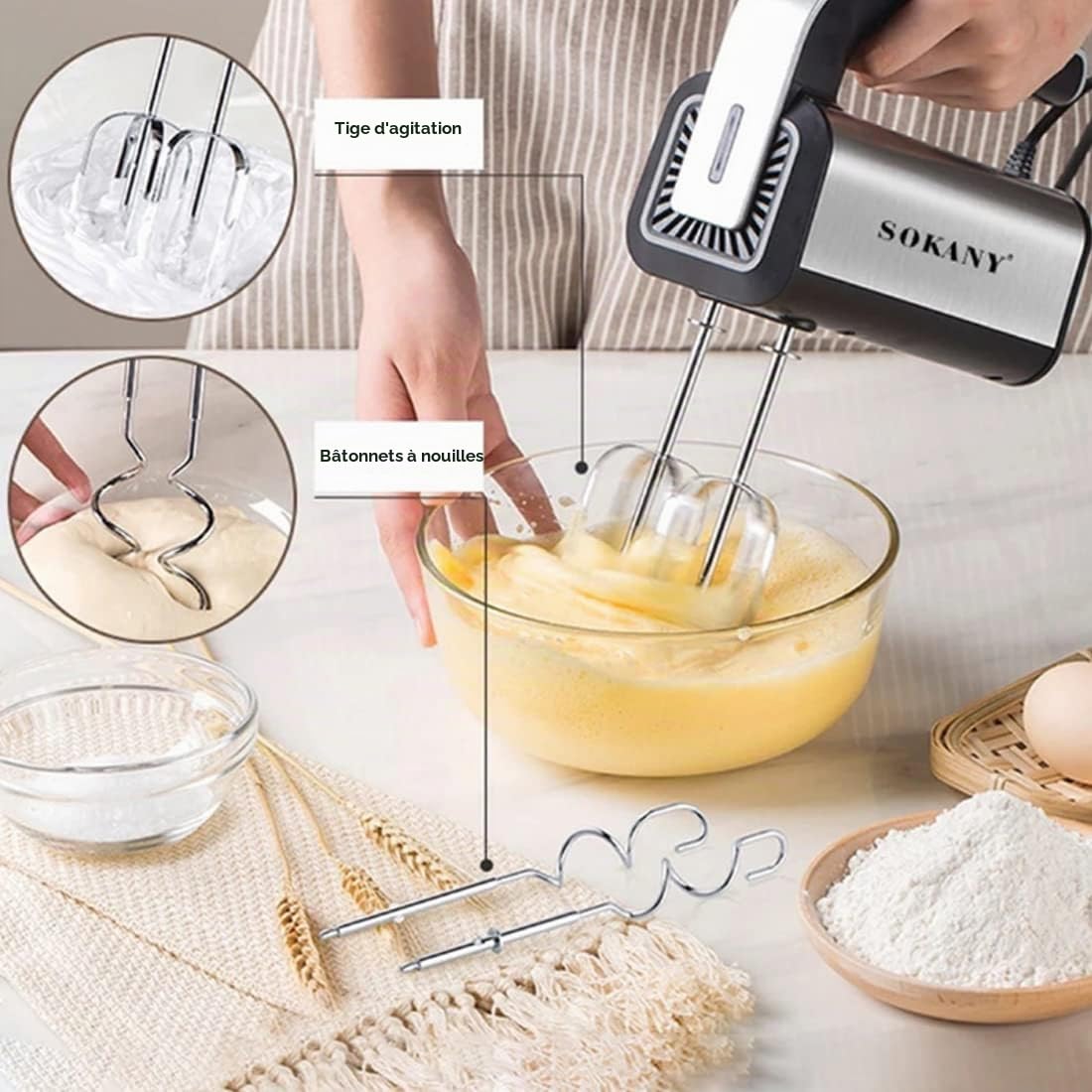 SOKANY CX-6651 Batteur électrique cuisine, Batteur à main avec 2 Fouets et 2 Crochets pétrisseurs, 5 Vitesses, Batteur en Acier Inoxydable avec Bouton d'Éjection (CX-6651)