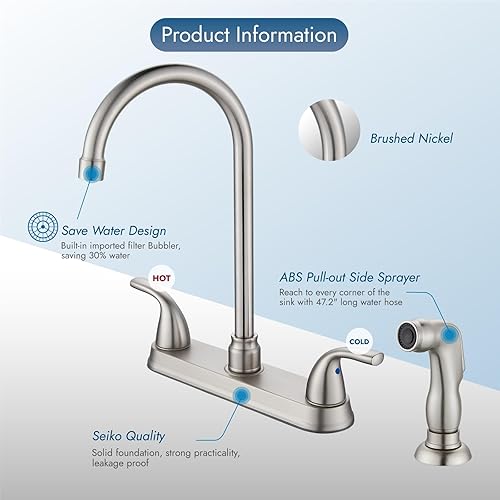 Miniatura 7 de Grifo de cocina con rociador lateral, grifo de fregadero de cocina de 3 o 4 agujeros con pulverizador, acero inoxidable de dos manijas de 8