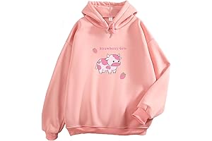 Pullover Sweatshirts for Women: Cute Strawberry Cow Print Hoodie, Casual Fuzzy Top