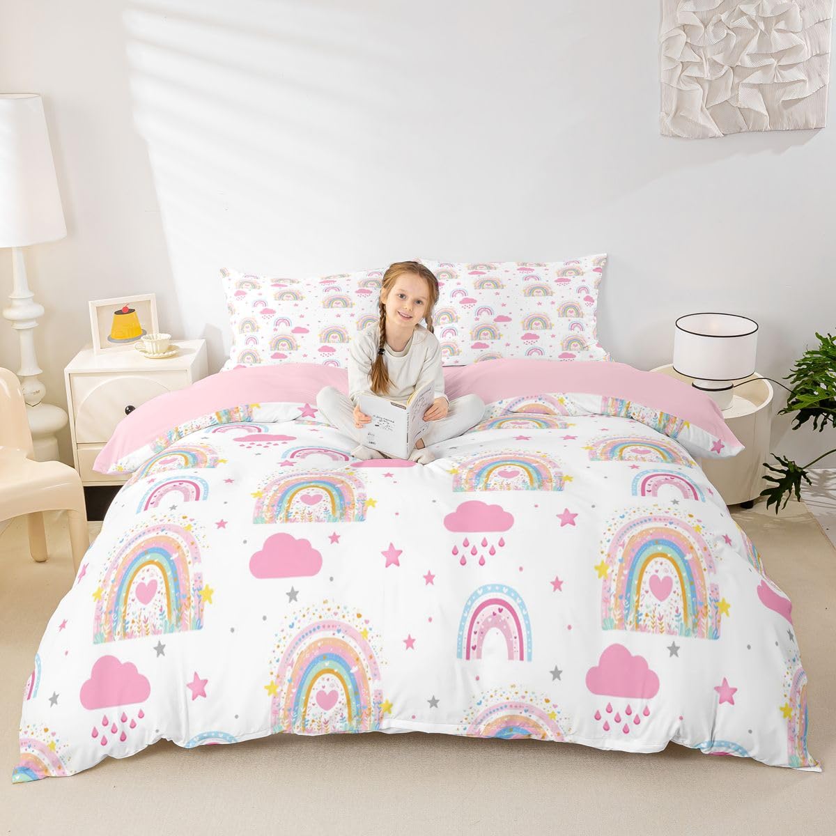 Parure de lit rose imprimé nuage arc-en-ciel avec housse de couette 3 pièces lit King Size