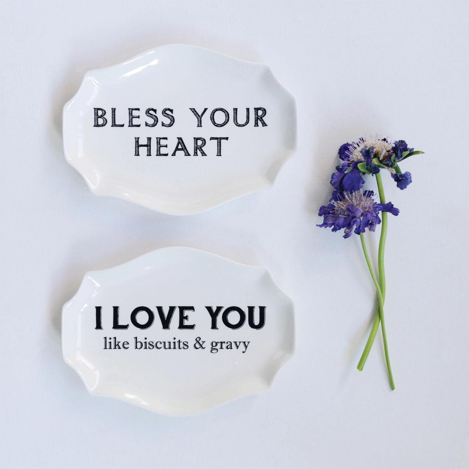Creative Co-Op Stoneware Plates with Southern Sayings, White, Set of 2