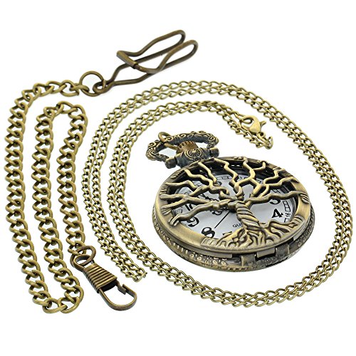 Bronze Hollow Tree Design Quartz Pocket Watches Vintage Women Watches Pendant Mens Japan Quartz Analog Fob Watches Gifts with 1 PC Necklace Chain 1 PC Clip Key Rib Chain