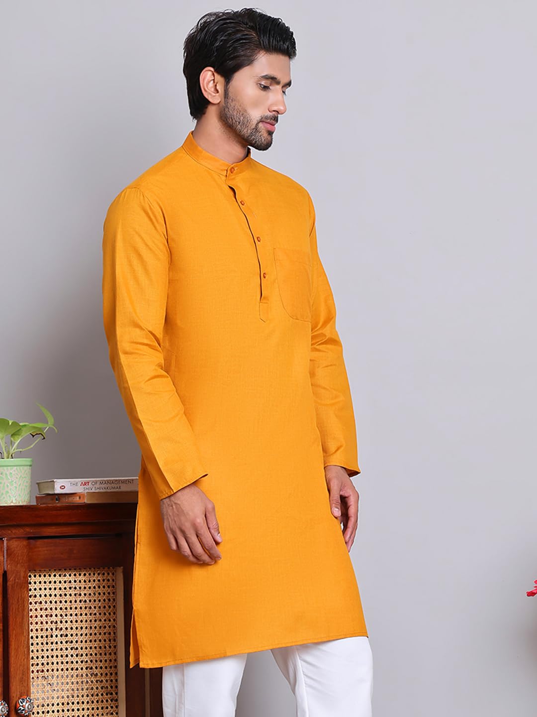 Jompers Mustard Solid Cotton Kurtas For Men (Mustard, Xl)