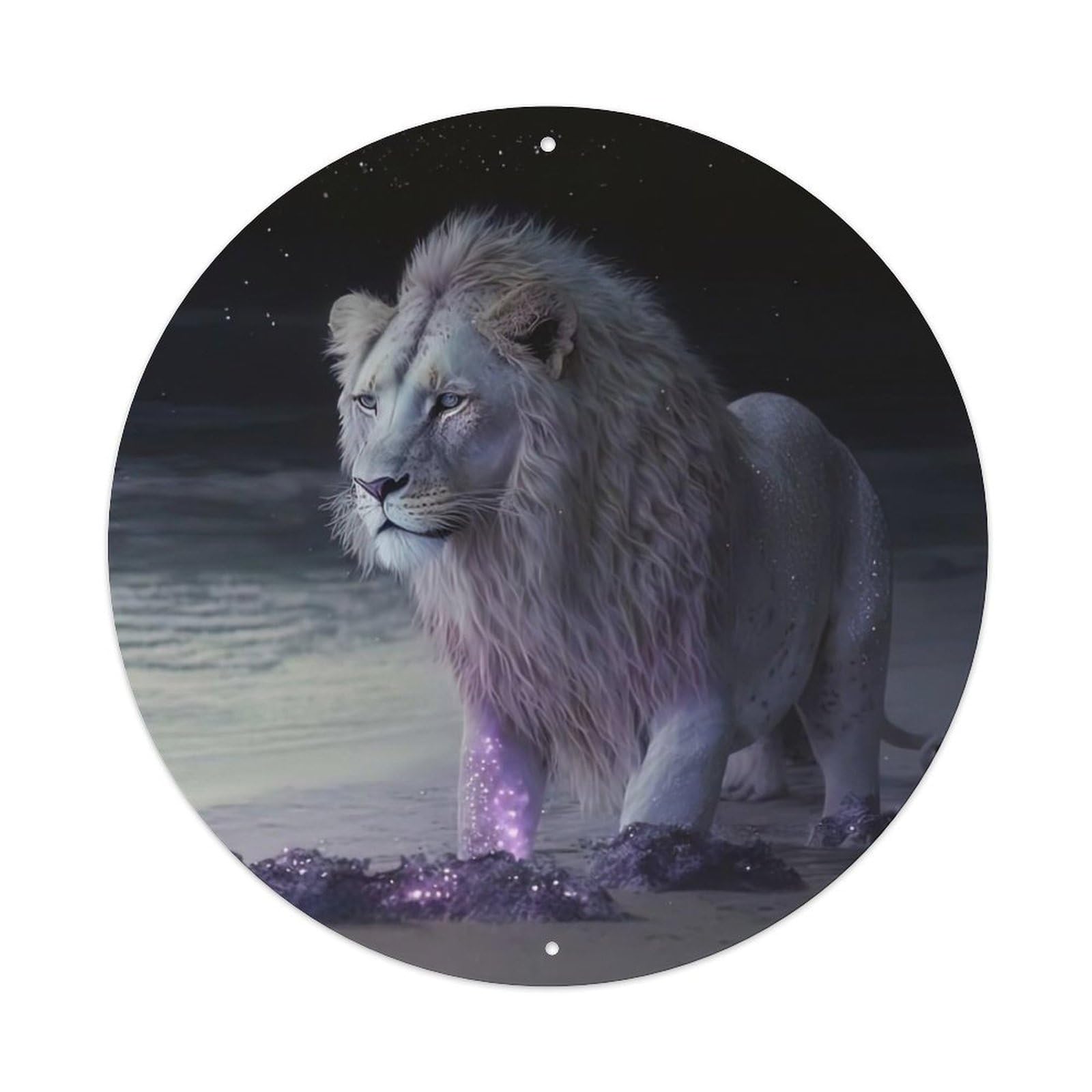 Wildlife Artwork Lion on The Beach Vintage Metal Tin Sign Plaque Wall Decor for Cafe, Club, Garden Round Metal Poster 8x8Inch