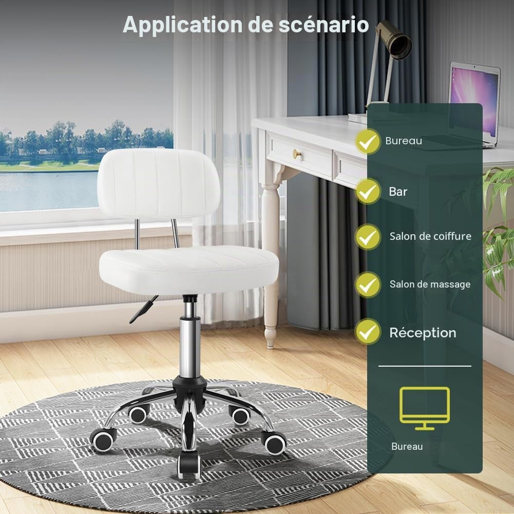 BFTOU Tabouret carré pivotant avec roulettes - Idéal pour le travail, le spa, le massage, la hauteur réglable et économique - Blanc