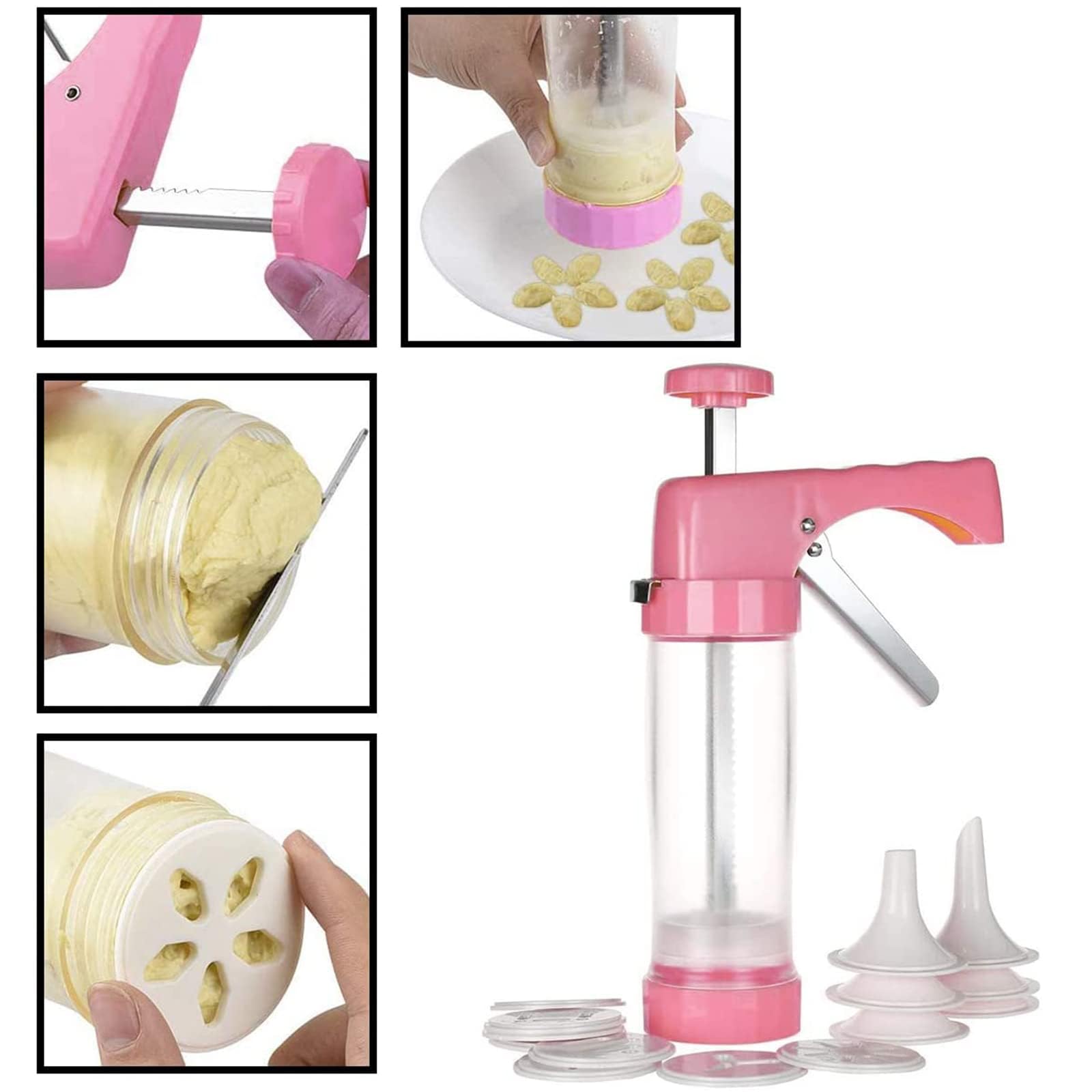 Pistolet à Biscuits en Acier Inoxydable avec 6 Douilles et 16 Disques à Biscuit pour Décoration de Gâteau et Fêtes