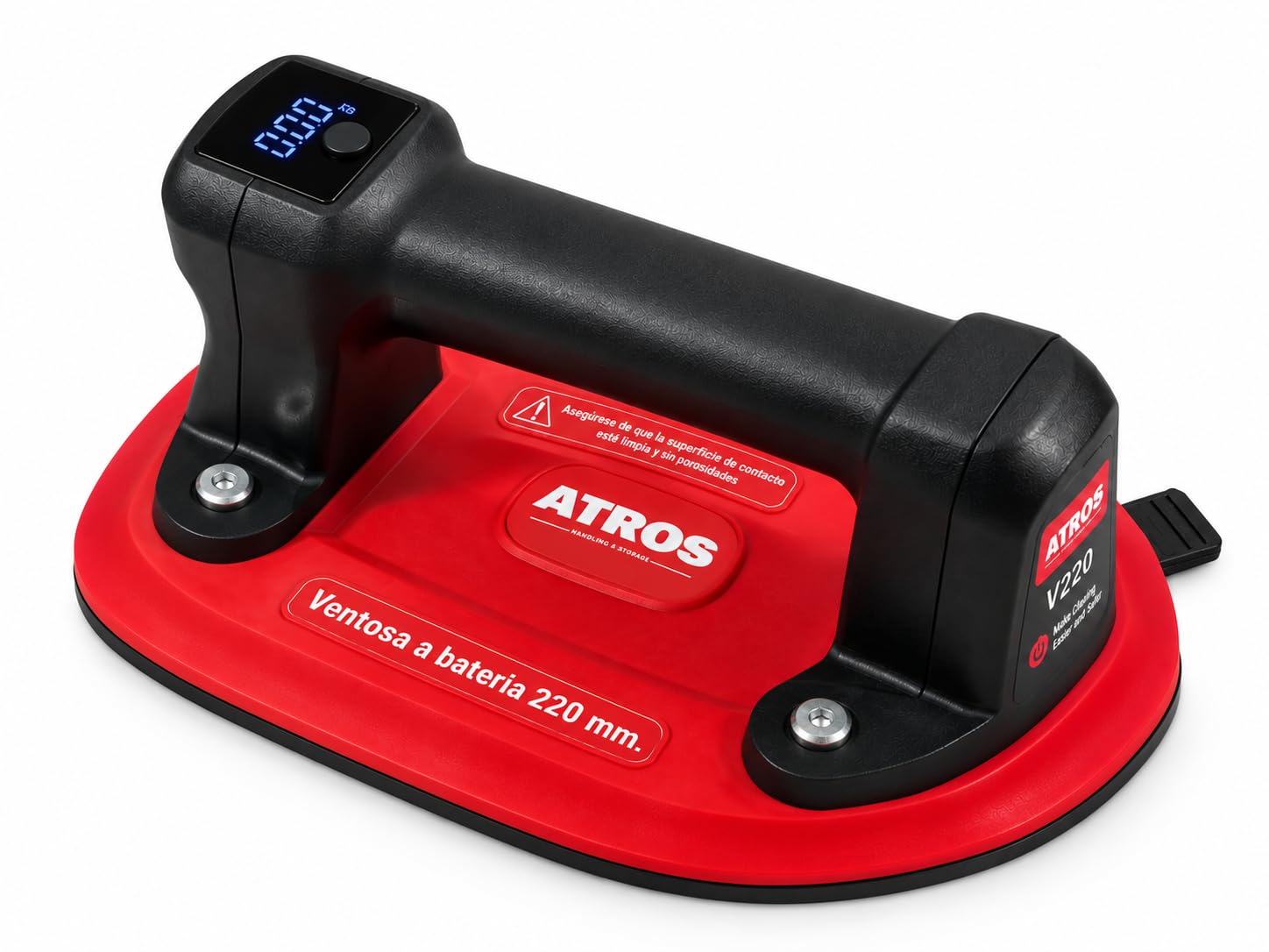 Ventosa eléctrica a batería ATROS V220, 110 kg, Ø220 mm, pantalla digital, USB-C, con maletín