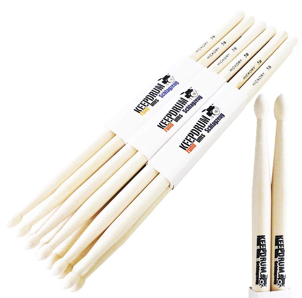 keepdrum 5B Hickory Schlagzeug-Stöcke Drumsticks 6 Paar
