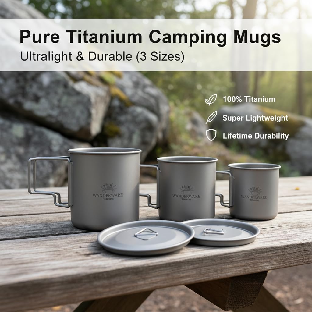 WANDERWARE Titanium Camping Mug, Ultralight Titanium Coffee Cup with Foldable Handle, Outdoor Backpacking Mug for Camping Hiking Travel Picnic, 220ml / 380ml / 550ml (220, Milliliters)
