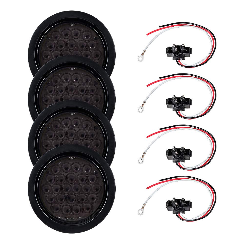 Astra Depot 24PCS 4 inch Round RED LED Smoke Lens Trailer Tail Lights - Turn Stop Brake Trailer Lights for RV Trucks (Grommet & Plug Included)