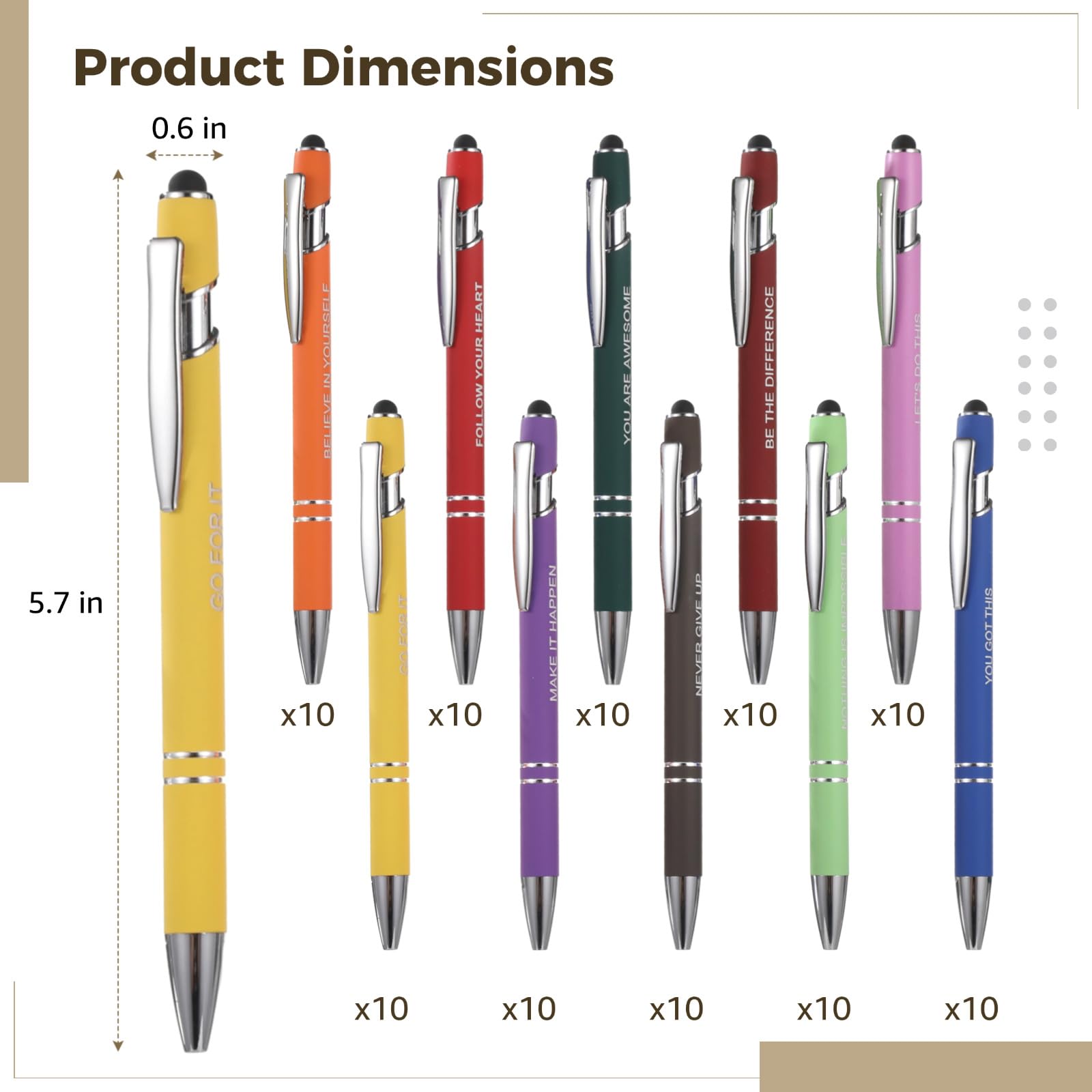 Generisch 100 Stk. Kugelschreiber mit Stylus-Spitze, 10 Farben, mit motivierenden Sprüchen, schwarze Tinte, für Frauen, Männer, Studenten und Kollegen, Geschenk für Mitarbeiter