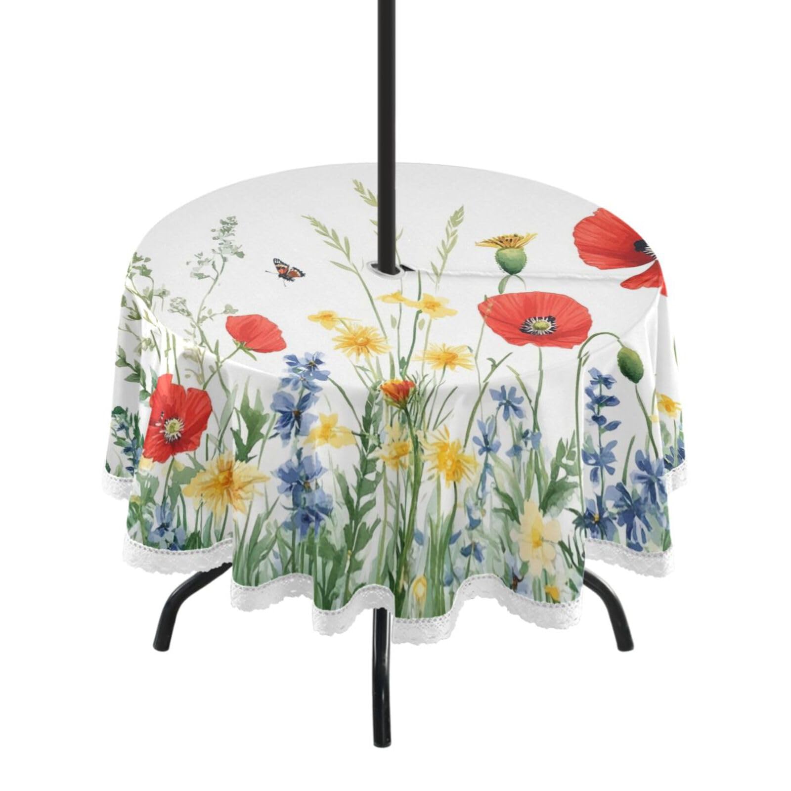 Ttgoth Wildflowers Outdoor Table Cloth 152 cm Water Stain & Resistan Tablecloth Wipeable Table Cover with Parasol Hole & Zipper for Garden Patio Party Picnic