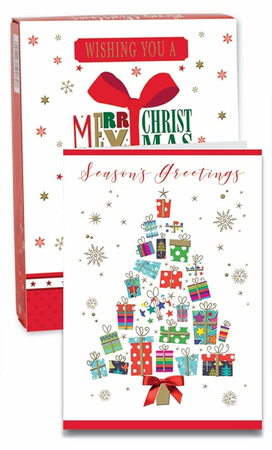 Box of 14 Luxury Christmas Cards, Red Wreath and Gold Xmas Tree