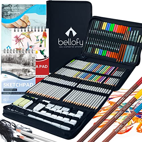 Bellofy Drawing Kit 200 pieces includes Drawing Pad & Multimedia Pad With Video Course & How-To Guide | Art Supplies For Adults, Teens, Kids | Sketching Kit with Graphite, Charcoal, Watercolor Pencils