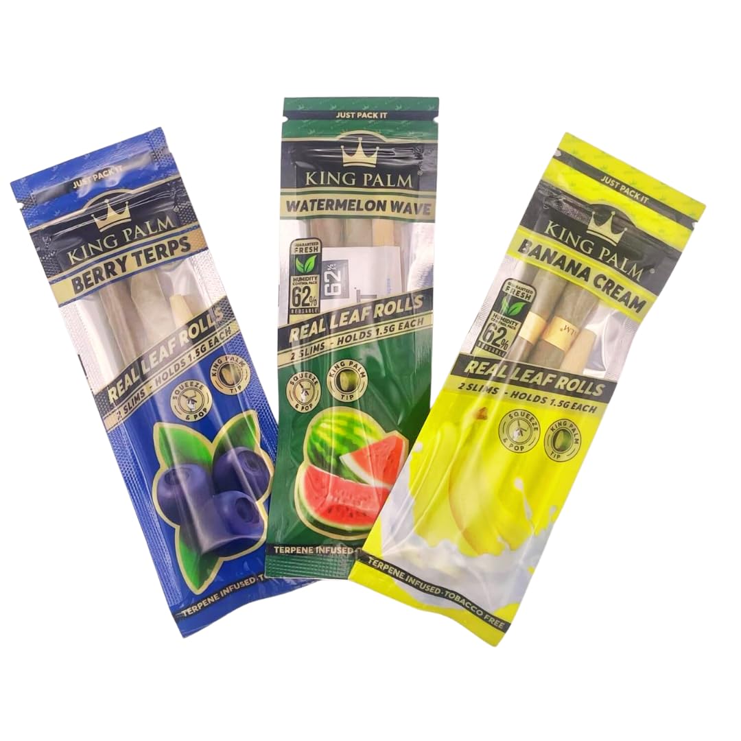 King Palm Flavoured Pre Rolled Cones - 3 Flavour Multipack (Slims) 1.5g - (Banana Cream, Blueberry Terp, Watermelon Wave) - 6 Pack with 3 Bamboo Packing Sticks