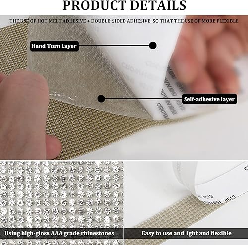 Miniatura 3 de Modixun 6 rollos de calcomanías de diamantes de imitación de cristal, tiras de diamantes de imitación autoadhesivas de 6 yardas18.0 ft, cintas de