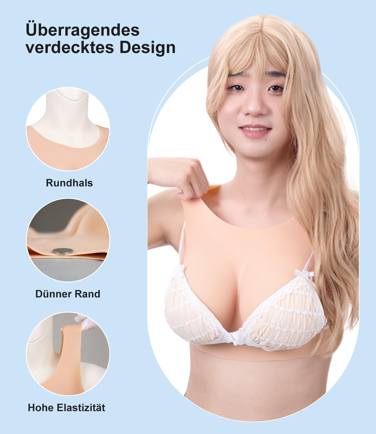 Peikey Silikon Brüste, [Rundhals-Version] Künstliche Brüste mit Geeignete BH, Realistisch Silikonbrustplatten Brustformen für Crossdresser, Weißer Hautton-Hochwertige Füllstoff, B Körbchen
