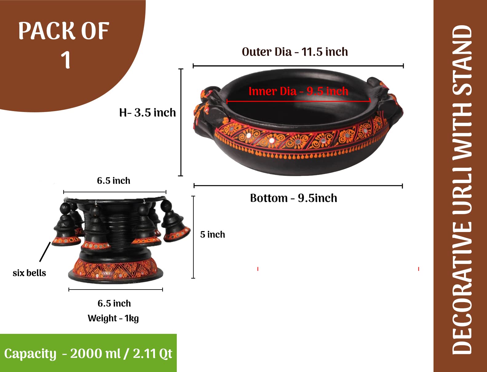 Shabana Art Potteries Solid Terracotta Decorative Uruli (Stand :6 Inch, Dia:6 Inch, Bowl   :11.5X3 Inch, Black), 750 ML - Image 4 thumbnail