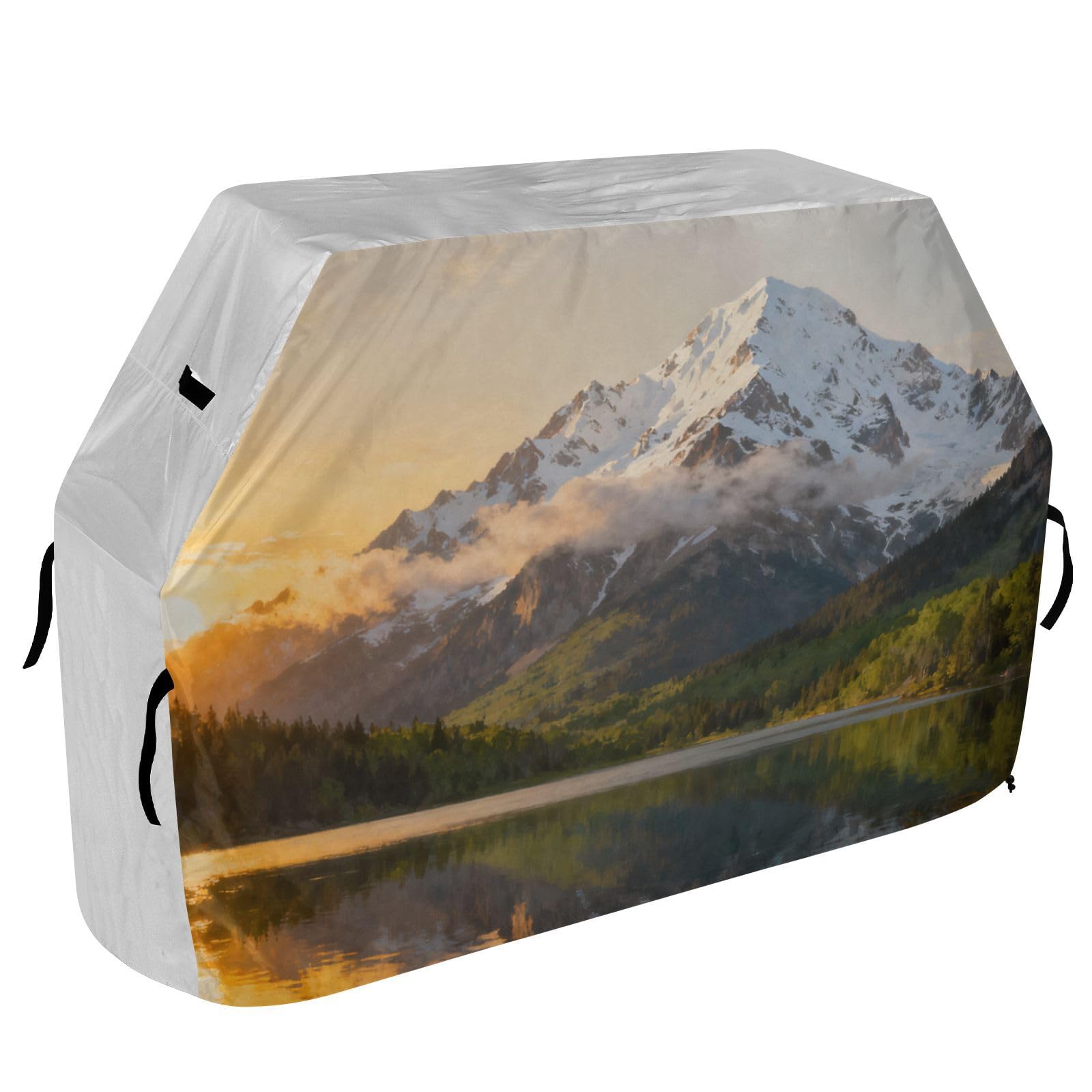 Snow Mountain Lake Sun Outdoor Patio Grill Pokrowiec 158 cm Wodoodporny wytrzymały odporny na rozdarcie odporny na blaknięcie materiał pokrowiec na grilla z regulowanym sznurkiem dla kurzu i wiatru