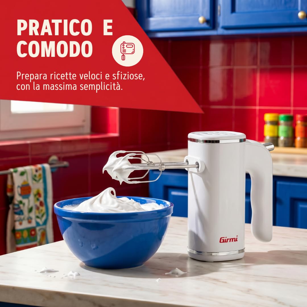 Girmi SB04 Sbattitore Elettrico, 150W, Sbattitori Inox per montare panna ed albumi, Funzione Turbo, Ganci Inox per impasti dolci e salati, 5 Velocità, Bianco