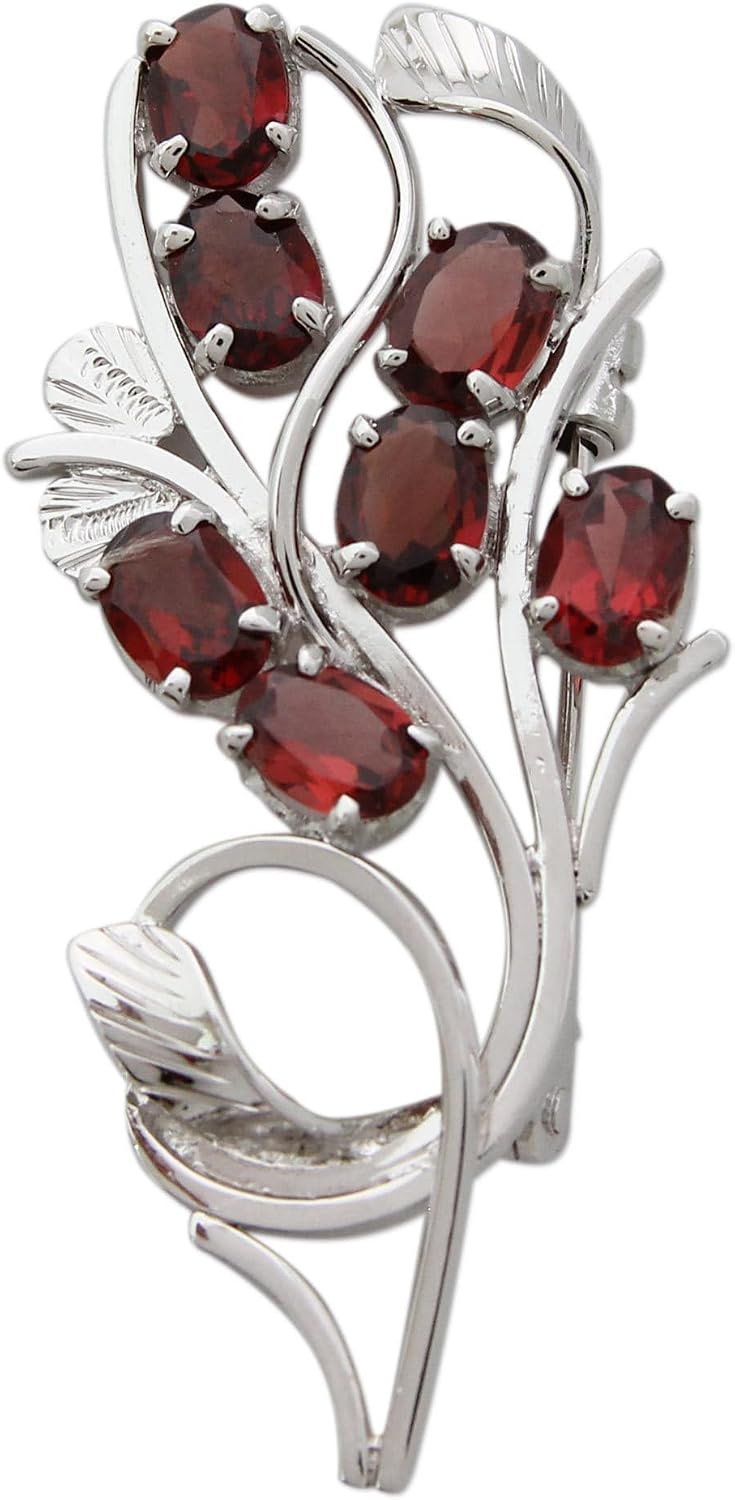NOVICA Artisan Handcrafted Garnet Brooch Pin Sterling Silver with Garnets India Red Fiesta Floral Birthstone [2 in L x 1 in W x 0.2 in D] ' Crimson Bouquet'