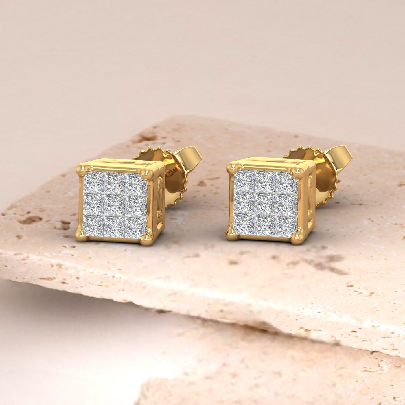 1/10 to 0.75 Carat Invisible Set Princess Cut Natural Diamond Stud Earrings in 10K Gold or 950 Platinum