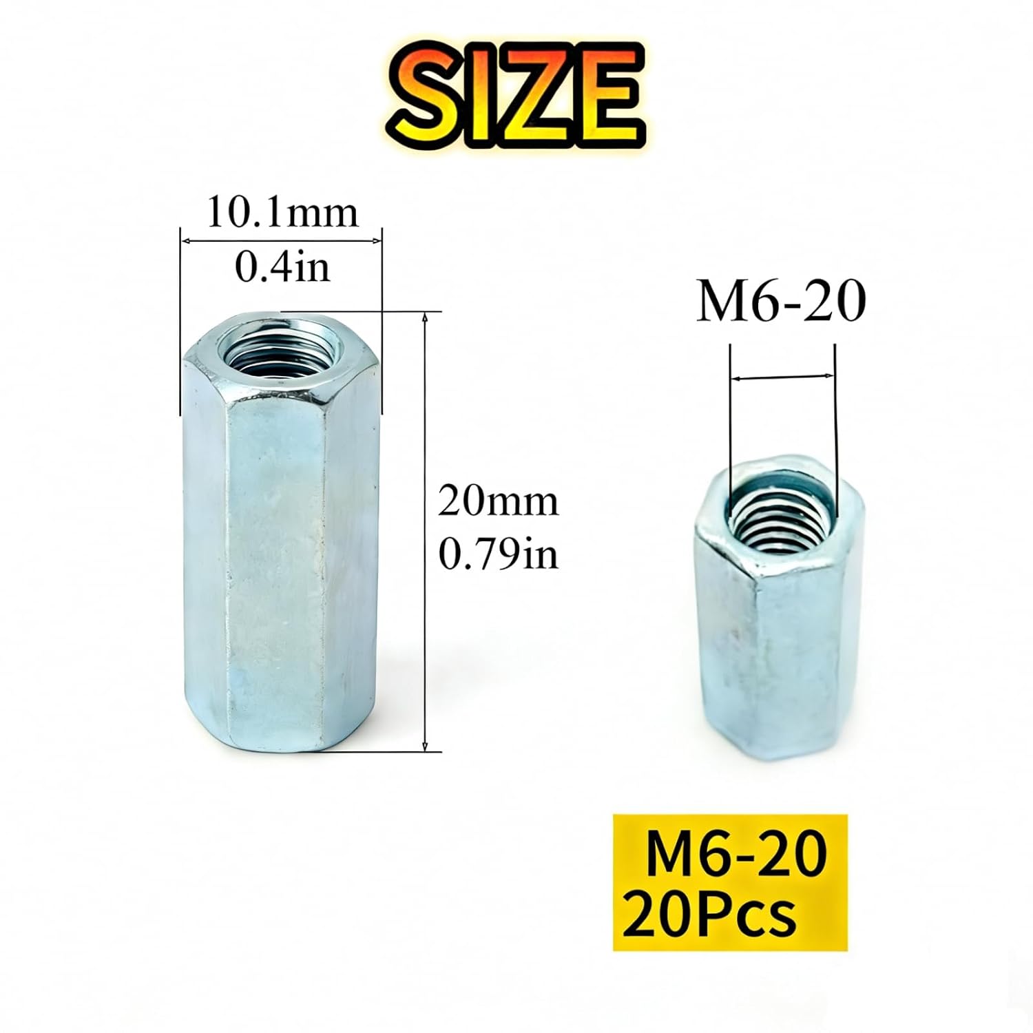 20Pcs M6-20 Hex Coupling Nuts, Carbon Steel Zinc Plated Connectors for Threaded Rods - High Strength Extended Hexagon Nuts for Eyebolts, Wedge Anchors & DIY Projects