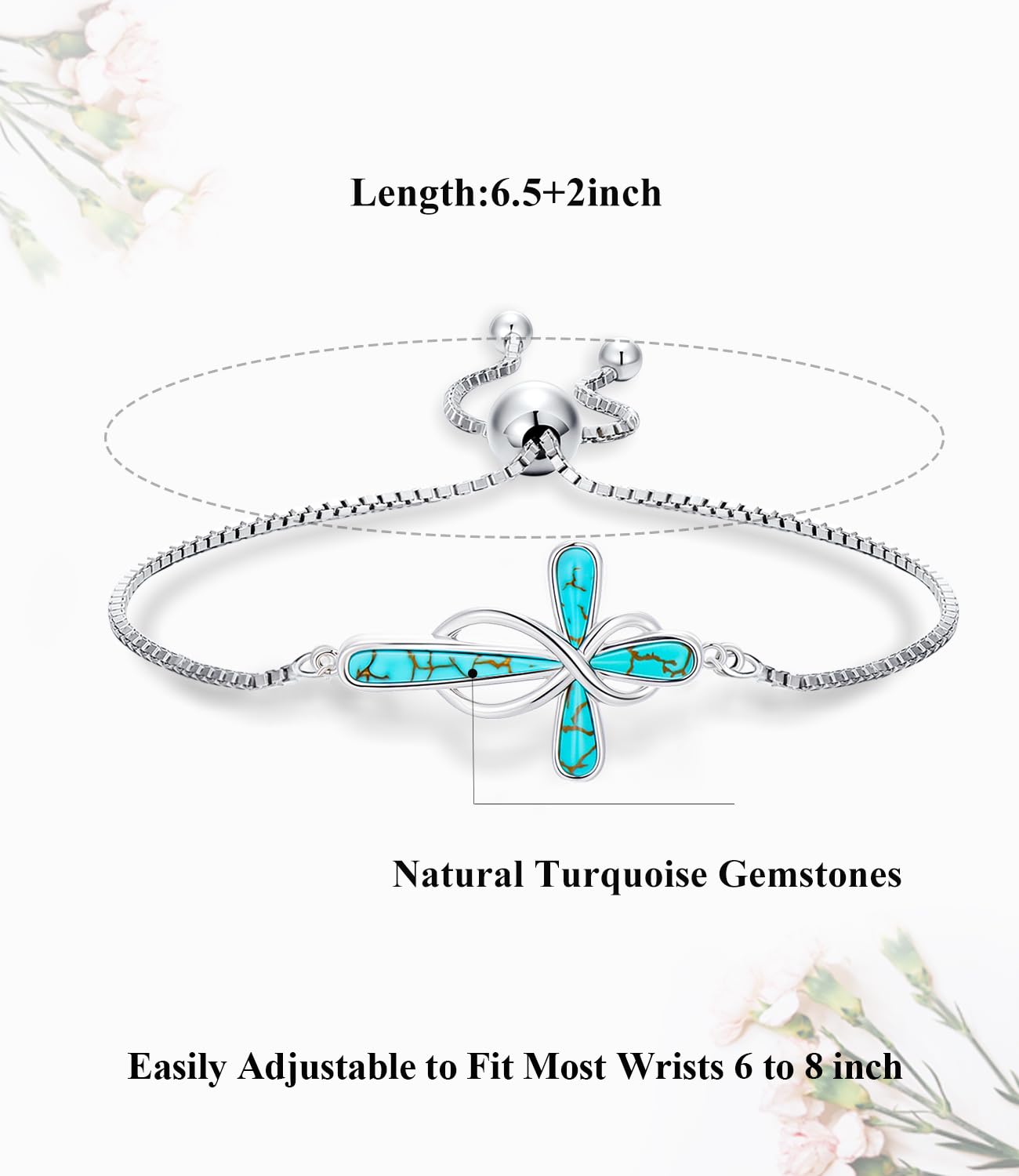 Braccialetto da donna in vero argento Sterling 925 con ciondolo a forma di croce turchese, regolabile, verde con gemma naturale, per moglie e mamma