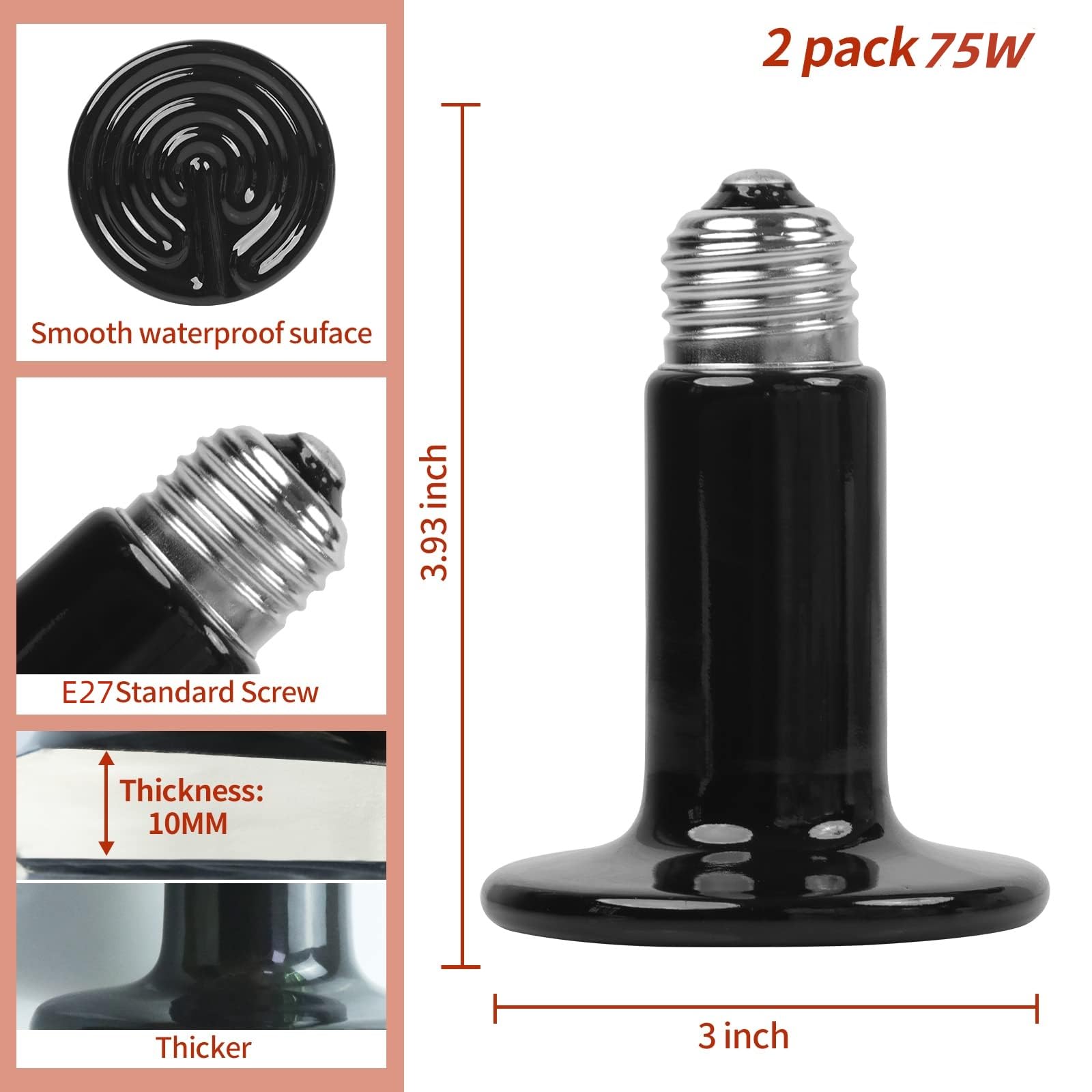 REPTI HOME Reptile Heat Lamp, Ceramic Heat Emitter E27 75W-2Pack, Ceramic Heat Bulb for Terrarium Light Reptiles, Lizards - Image 2
