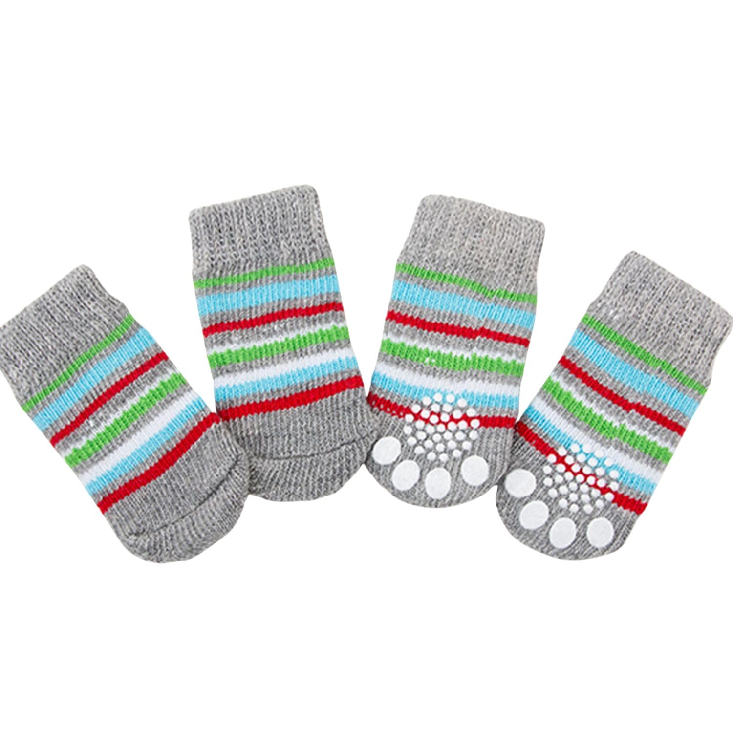 MeiAOBest 4PCS Pet Socks,Cute Knitting Anti-Slip Cat Dog Floor Socks Paw Protectors Cove for Indoor Outdoor Hot Pavement Hardwood Floor Protection_M(Gray Stripes)