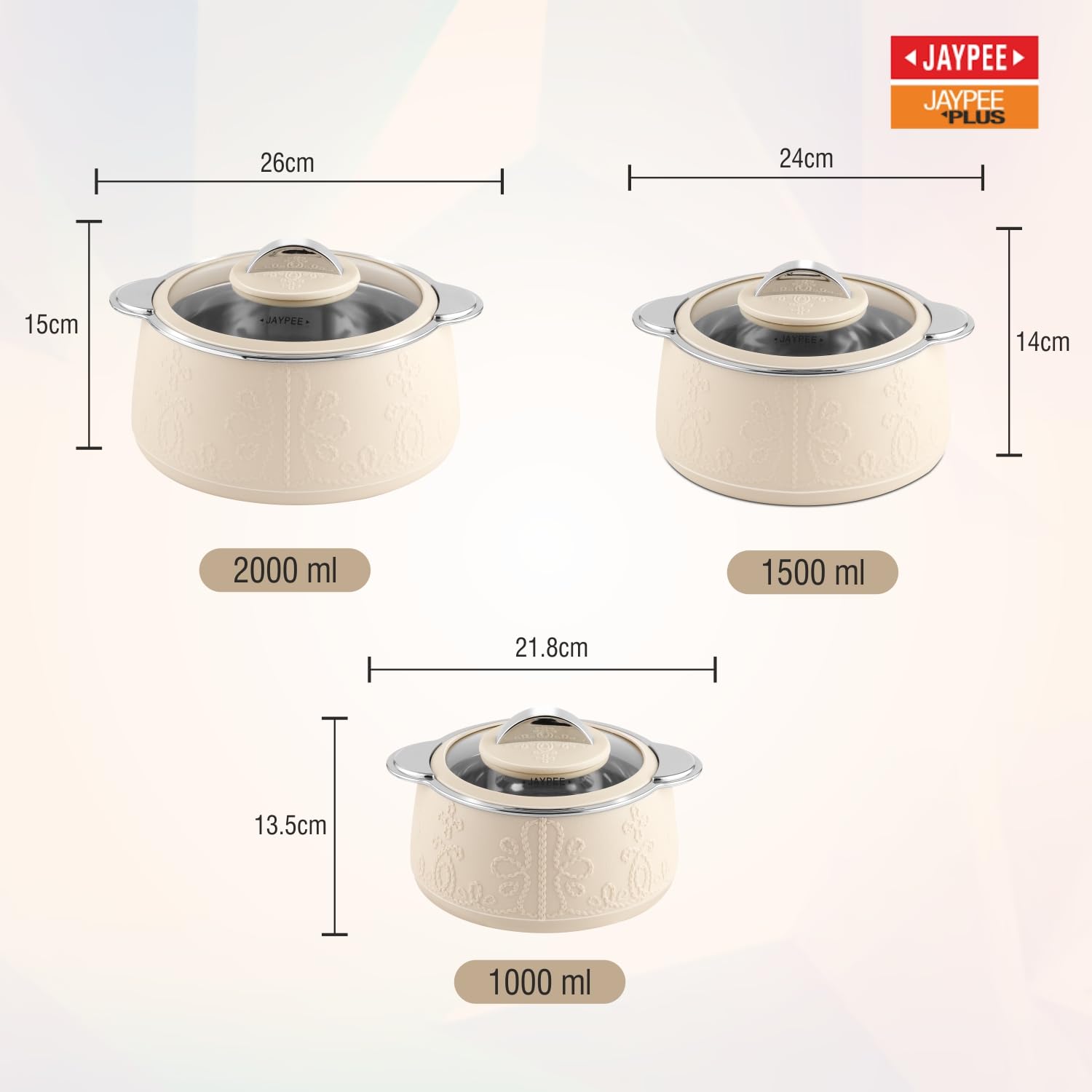 Jaypee Fabrene Serving Set Casserole Set of 3 PUF Insulated |Inner Stainless Steel |Anti Lock Lid Toughened Glass | Hot Box for Serve Chapatti, Dishes, 1000+1500+2000 ml, Ivory 2