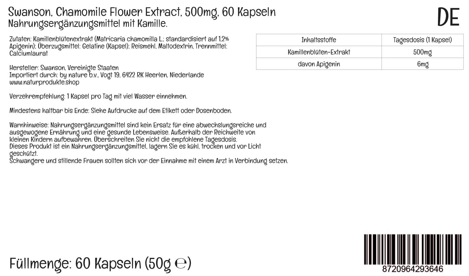 Swanson, Chamomille Flower Extract (Extracto de Flor de Manzanilla), 500mg, Alta Dosificación, 60 Cápsulas, Testado en Laboratorio, Sin Soja, Sin Gluten, No GMO