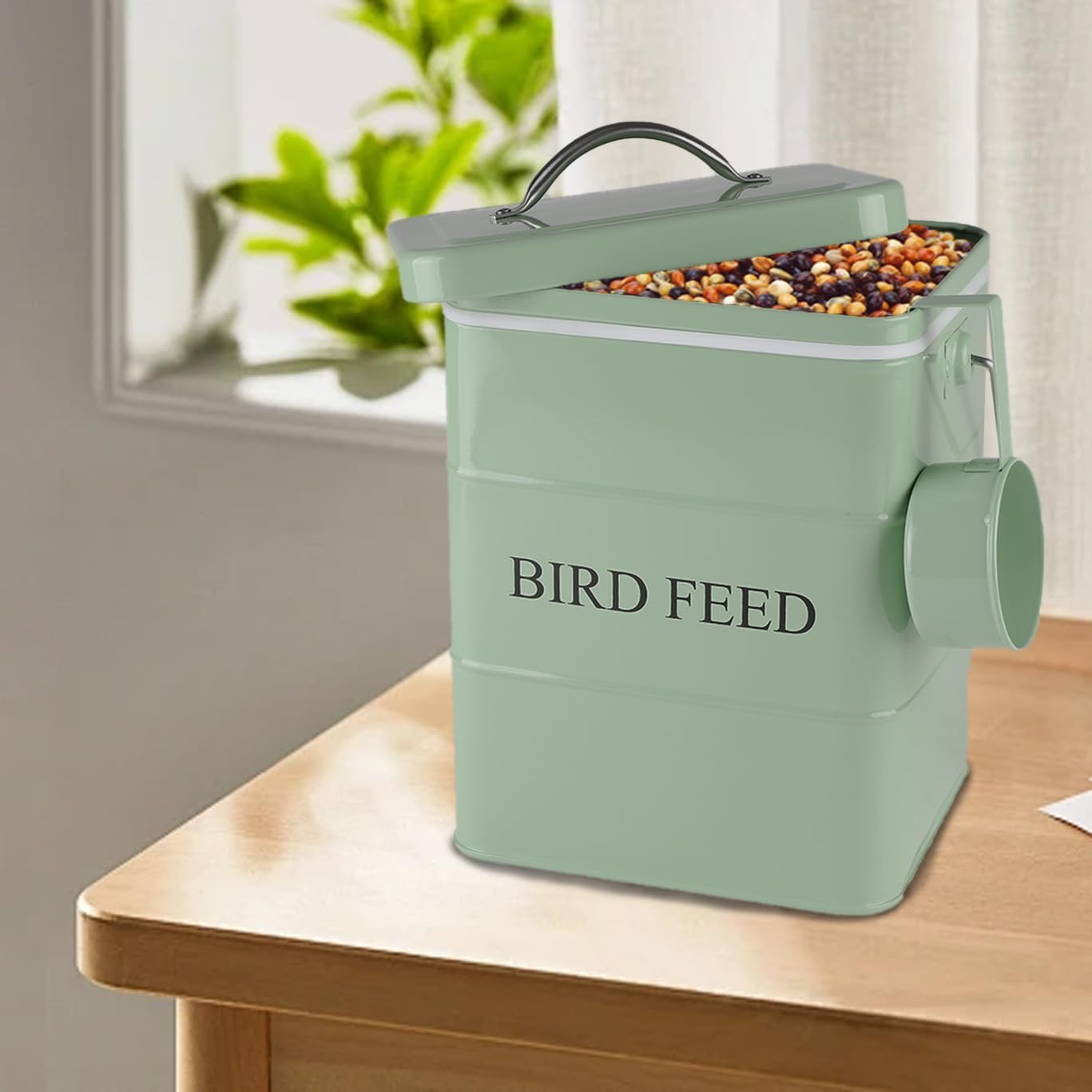 Morezi Bird seed and feed storage tin with lid Included Green-coated Metal Tight Fitting Lids - storage canister tins