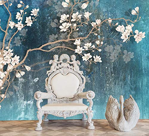 Elegant Blue Hues Tree Birds Wallpaper White Flowers Wall Poster Spring Living Room Kitchen Wall Mural - Custom Size (Elegant Blue Hues Tree Birds)