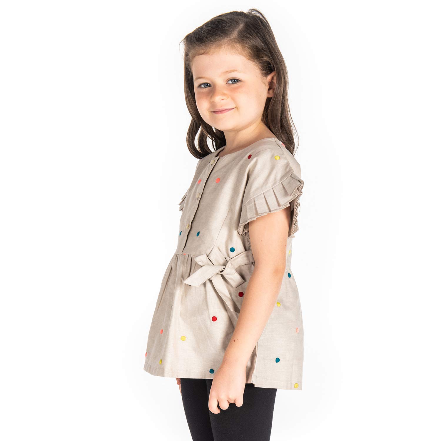 Cherry Crumble Beige Embroidery & Printed 100% Cotton Half Sleeves Round Neck Casual Wear Regular Fit Embroidered Summer Top for Girls 1