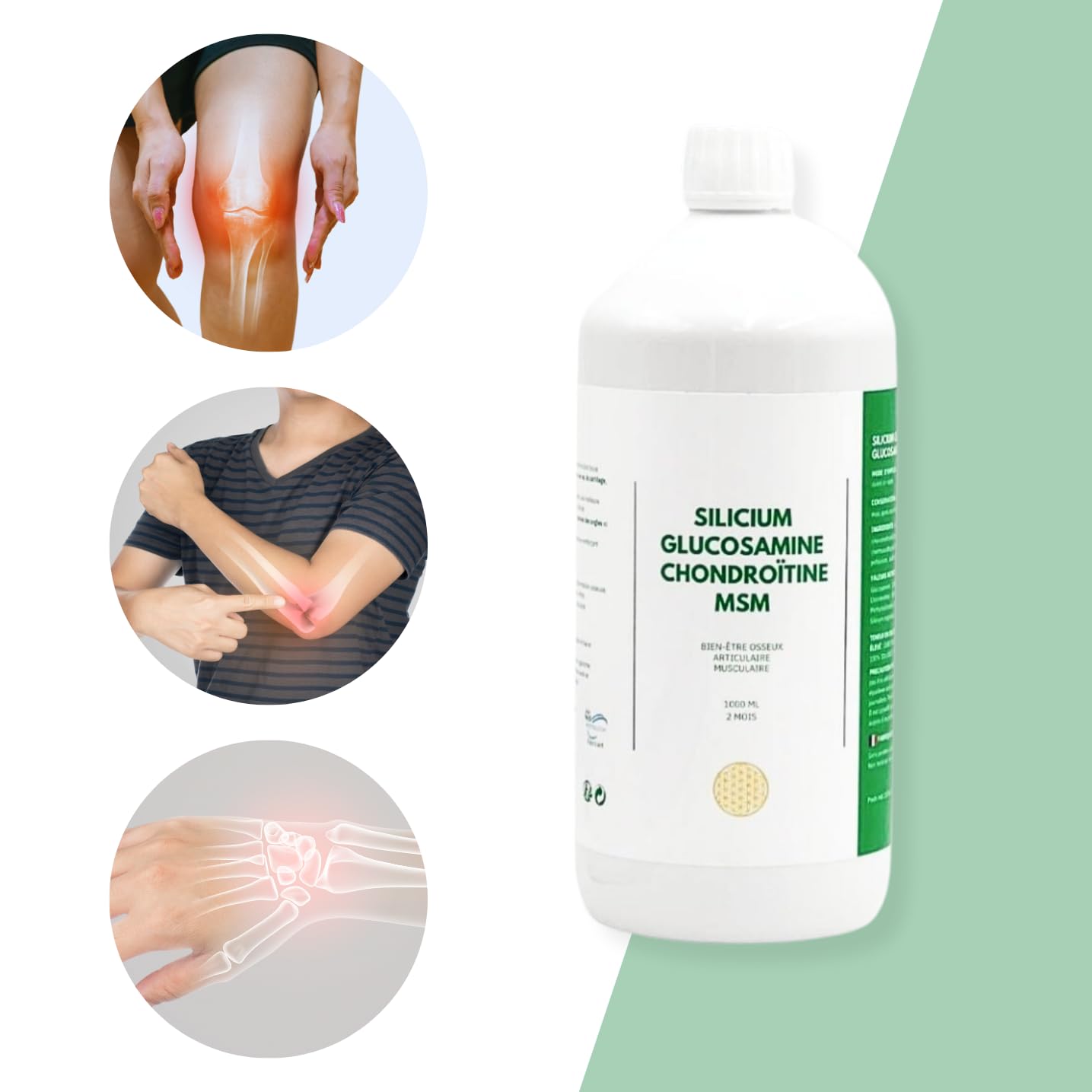 Silicium Glucosamine Chondroïtine MSM - 1000 ml - Sans paraben, sans lactose, sans arôme, sans OGM.