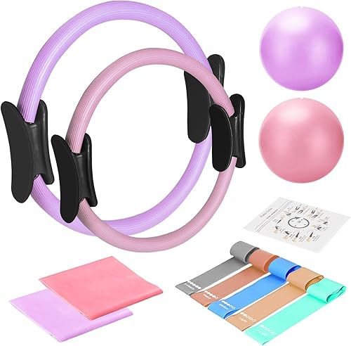 TOPZGLEEY Juego de anillos y pelotas de pilates con bandas de resistencia, equipo de pilates para entrenamiento en casa, anillos de pilates de 14 y