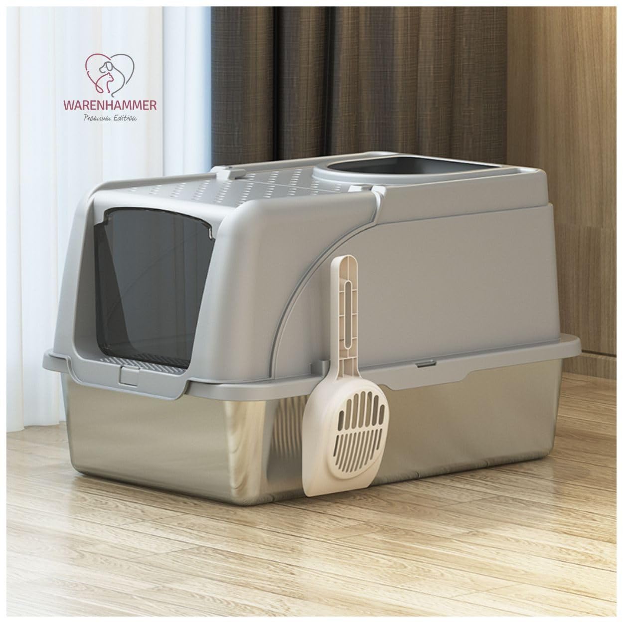 Lettiera per gatti XXL Premium – Acciaio inox con coperchio – grande apertura frontale – Lettiera per gatti con pala (L x L x A): 62 x 41 x 40 cm