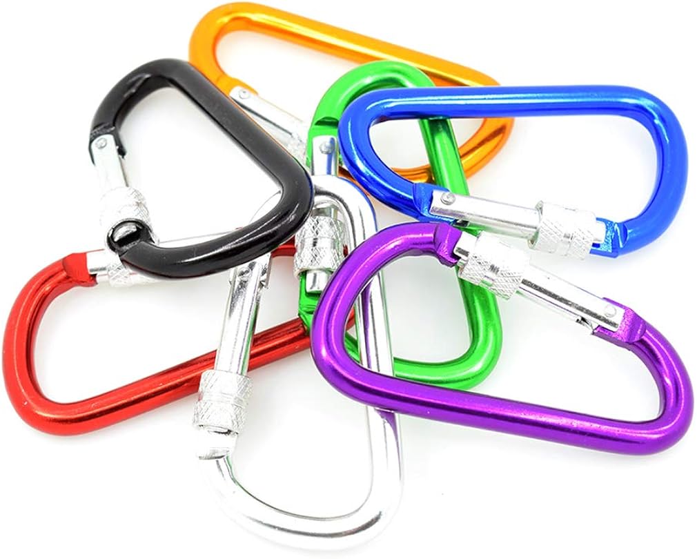 DLAND7 Pcs Carabiner 3" Aluminum Locking Clip Camping Hook Keychain Hiking -Assorted Colors of Purple Silver Green Black Blue Red Golden, Spring-Loaded Gate Bottle Gourd Shaped + Screw Gate D Shaped