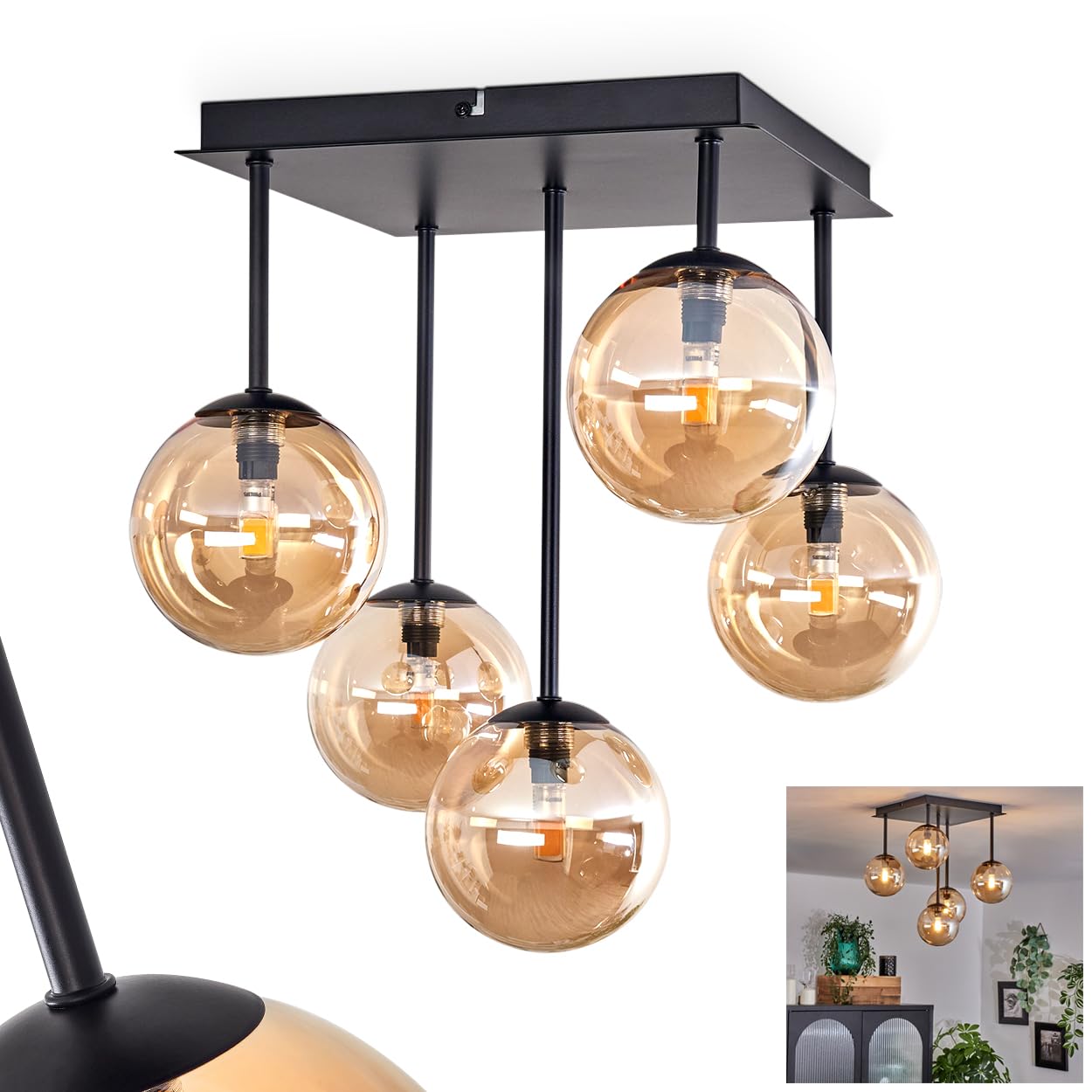 Plafonnier Chehalis, plafonnier en métal/verre noir/ambre, luminaire au design rétro/vintage avec abat-jour en verre (Ø 12 cm), 5 x G9 LED, sans ampoules