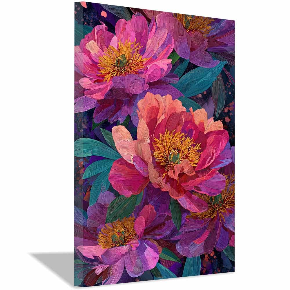 Hoqiu Multicolor Botanical Prints Vibrants Pink Peony Art Artwork, Wall Decoration Living Room Bedroom Hallway Stairs Decoration.(Multicolor)-70X100cm Framed