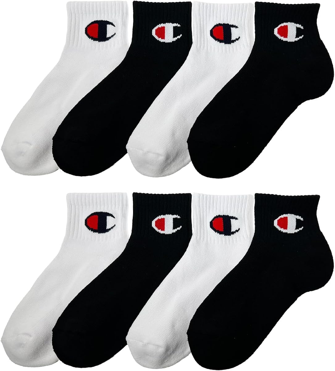 Champion Unisex Kids Amazon Exclusive 8-pack Quarter and Crew Socks in Multiple Patterns and Sizes