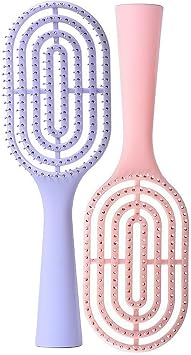 Pack of 2 Detangle Hair Brushes, Curved Vent Brush & Hair Detangler Comb, Easy Detangling Vented Styling Brush for Long Thick Curly Straight Wet & Dry Hairs, Hairbrush with Clean CrawlPink + Purple