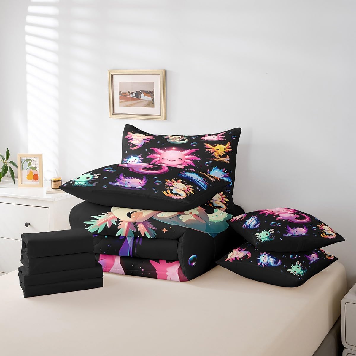 Cute Axolotl 7 Piece Bedding Set for Boys Kids Full Size Salamander Comforter Set with Sheets,Pillowcases & Pillow Covers Room Decor Ocean Sealife Bed in a Bag Multicolor Soft