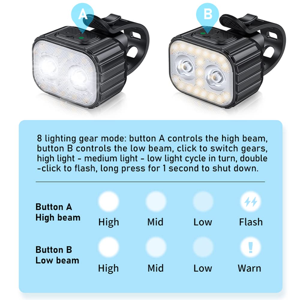 TIORU 1 Paio di Luci per Bici Q4 LED Bicicletta Anteriore Posteriore Luce USB Carica Faro Ciclismo Fanale Posteriore Bicicletta Lanterna Accessori per Biciclette Lampade