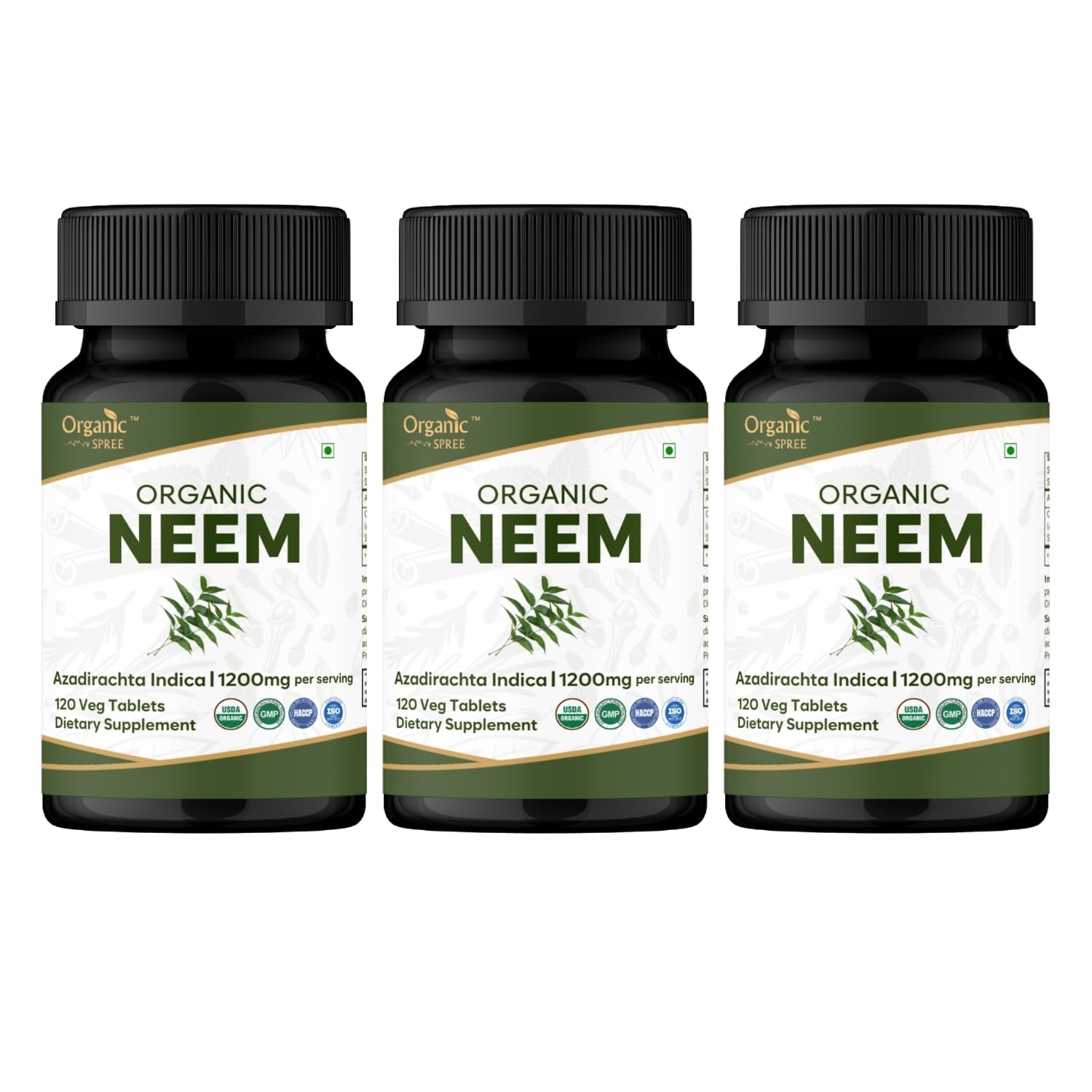 ORGANIC SPREE Neem 120 Tablets - Supports Healthy Skin, Detox & Immune Health* - Azadirachta Indica - 60 Days Supply - USDA Organic, GMP, HACCP Certified - Pack of 3 120 Count (Pack of 3)